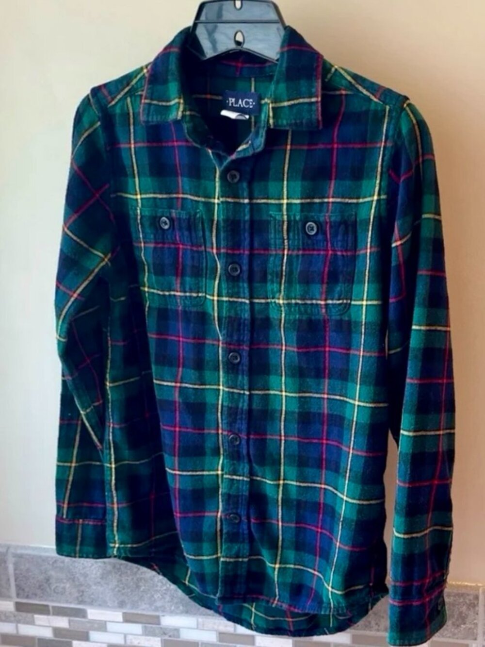 Children's Place Plaid Flannel Button Down Shirt Kids Size 10/12 Cozy Preppy EUC